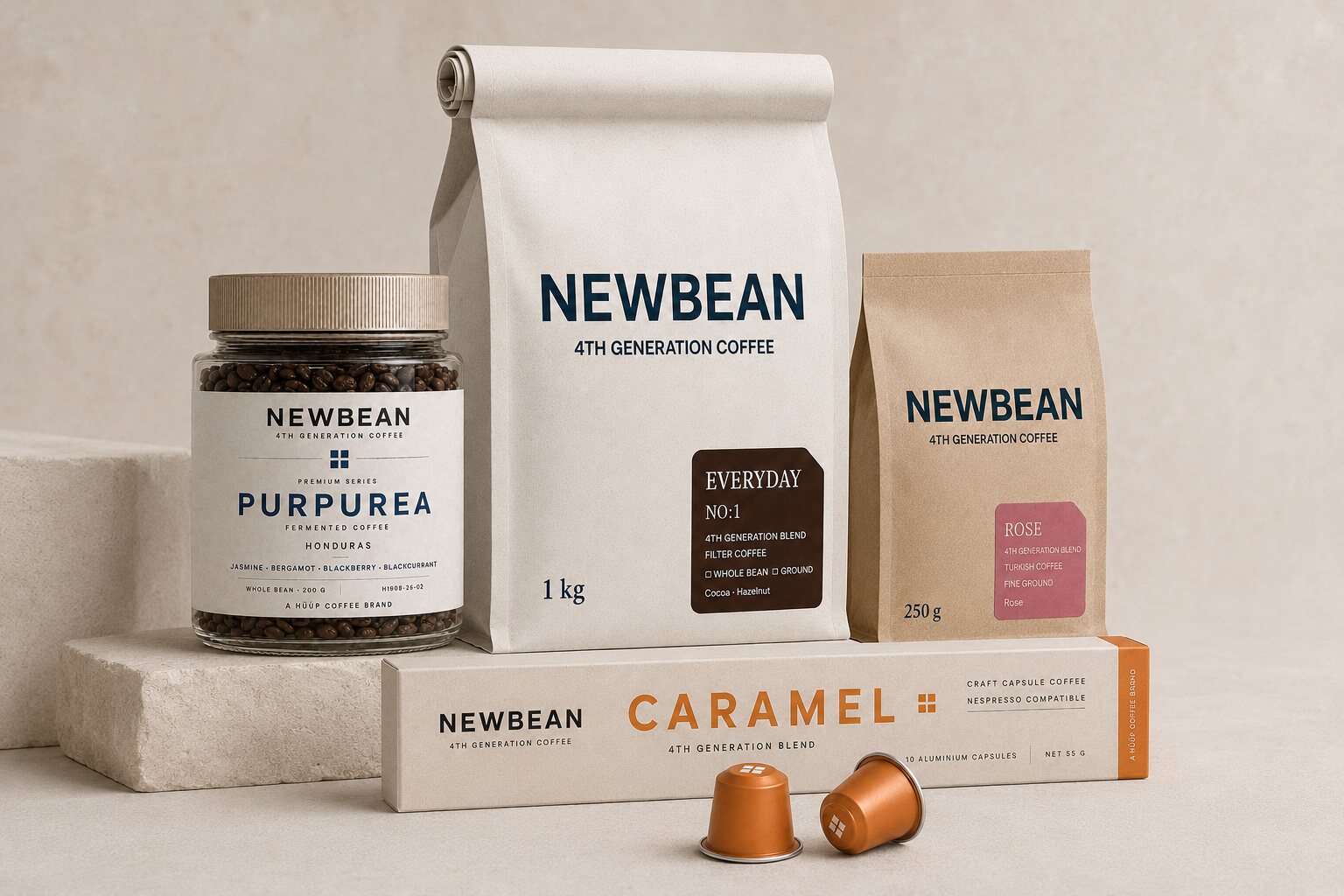 NEWBEAN Everyday filtre kahve, Purpurea premium kahve, gül Türk kahvesi ve karamel kapsül kahve koleksiyonu